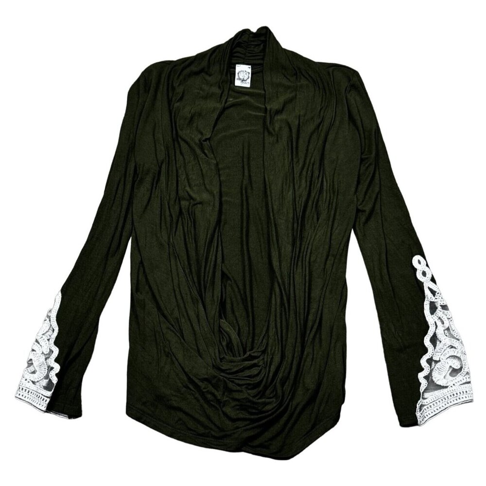 Sun Moon Womens Green Draped Cowl Neck Shirt Partial Lace Cuff Stretch Large? - Picture 5 of 12